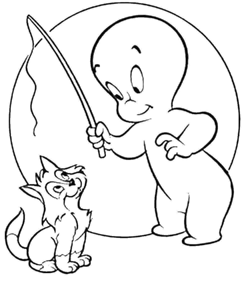 Coloring Casper fishing with a cat. Category Bringing Casper. Tags:  Ghost , Casper.
