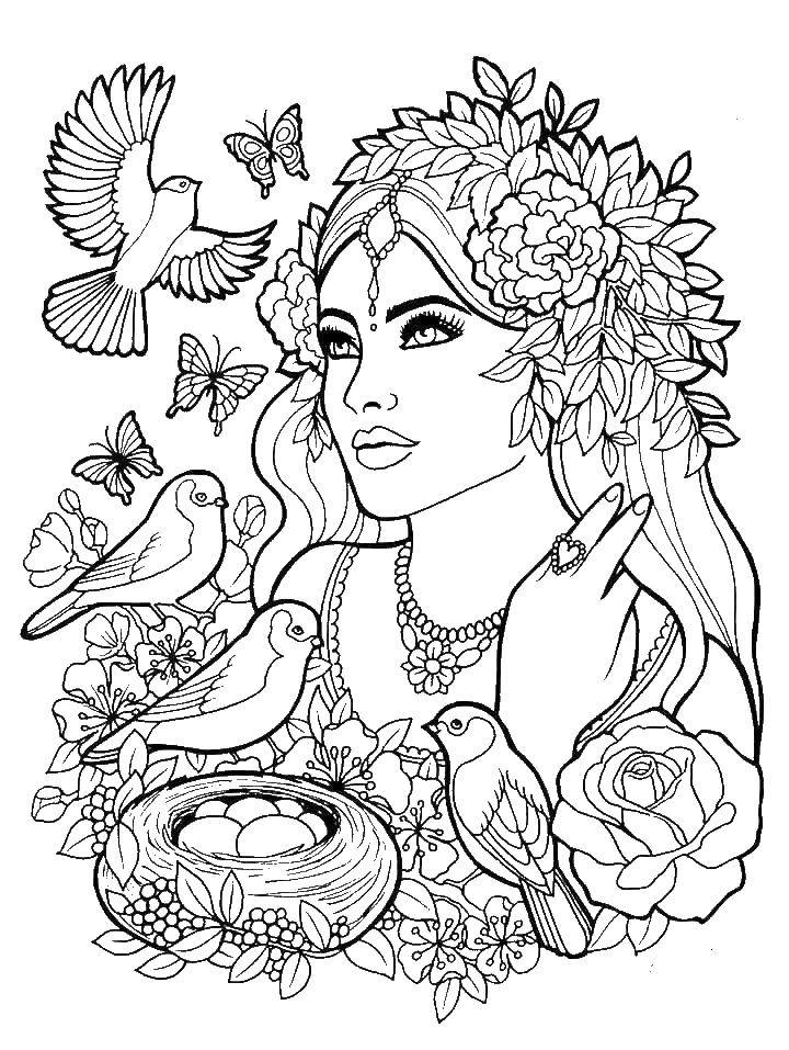 Coloring Beautiful girl in flowers and with ptica. Category coloring pages for girls. Tags:  girl, flowers, beauty, birds.
