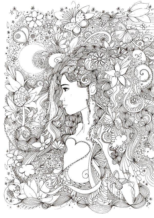 Coloring Coloring antistress. Category coloring antistress. Tags:  patterns, shapes, stress relief, flowers, girl.