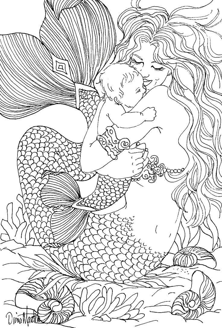 Название: Раскраска Русалка с малышом. Категория: морское. Теги: русалка, девушка, малыш, рыба, море.