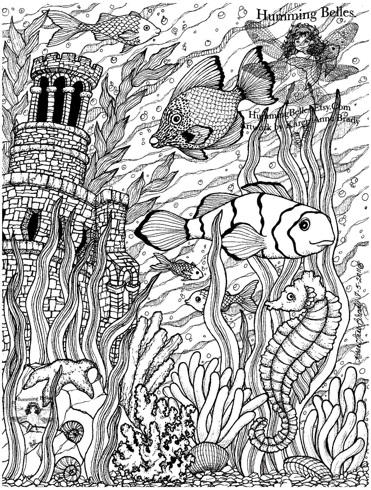 Название: Раскраска Рыбки у замка. Категория: рыбы. Теги: рыбка, море, водоросли, замок.