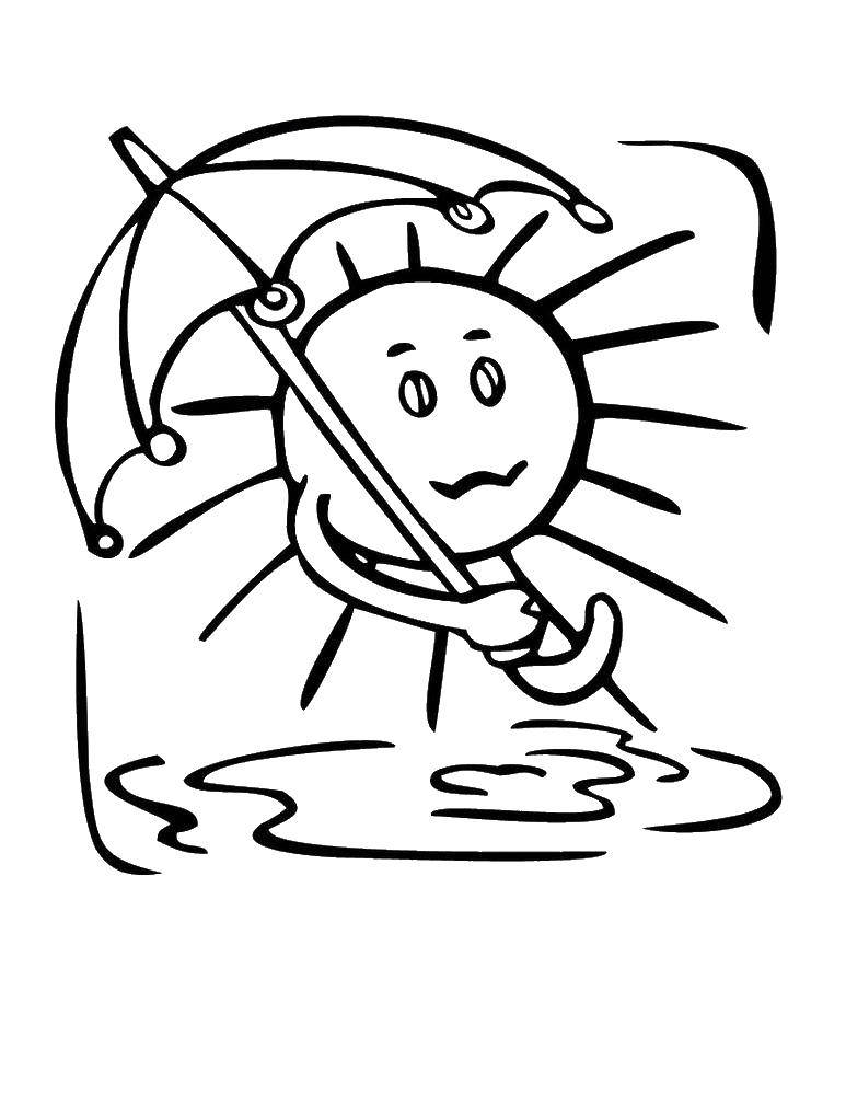 Название: Раскраска Солнце с зонтиком по лужам. Категория: погода. Теги: погода.