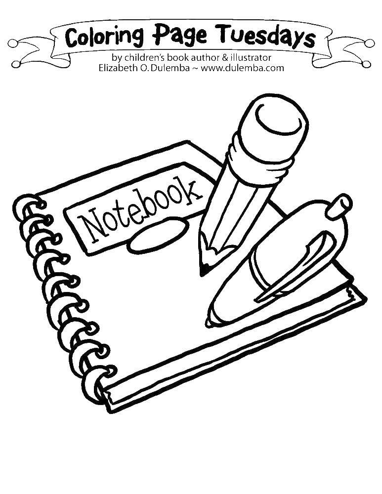 Название: Раскраска Тетрадь с ручкой и карандашом. Категория: Школьные принадлежности. Теги: тетрадь, школа, Школьные принадлежности.
