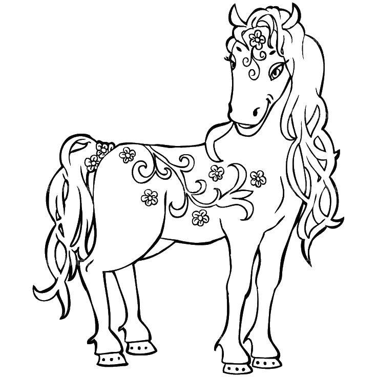 Название: Раскраска Цветочная лошадка. Категория: Животные. Теги: Животные, лошадь.