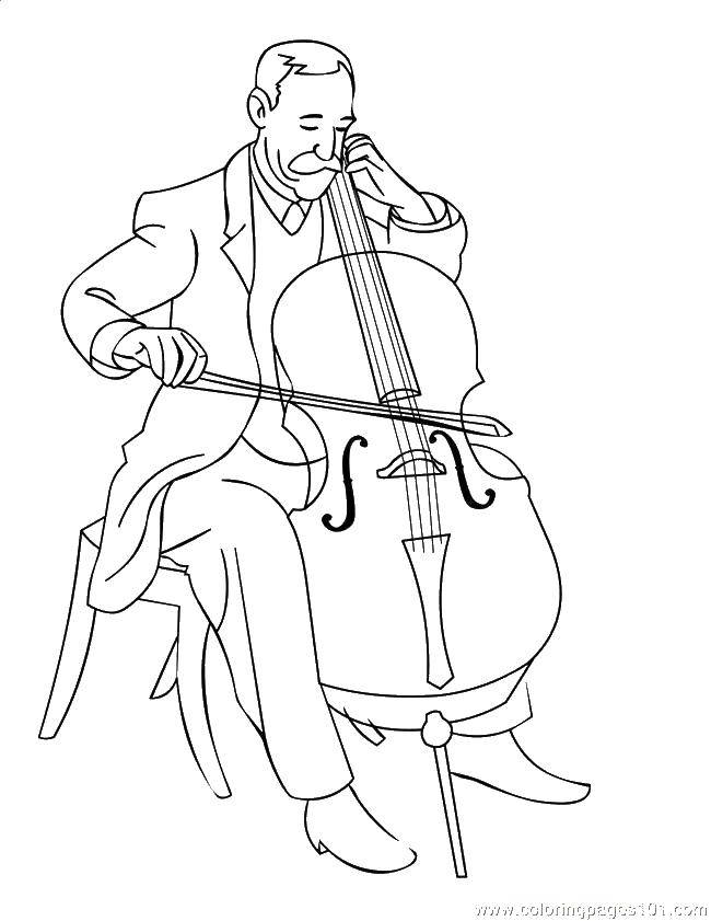 Название: Раскраска Виолончелист играет. Категория: Скрипка. Теги: Музыка, инструмент, музыкант, виолончель.