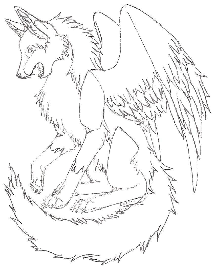 Coloring Wolf with angel wings. Category wolf. Tags:  wolf, wings.