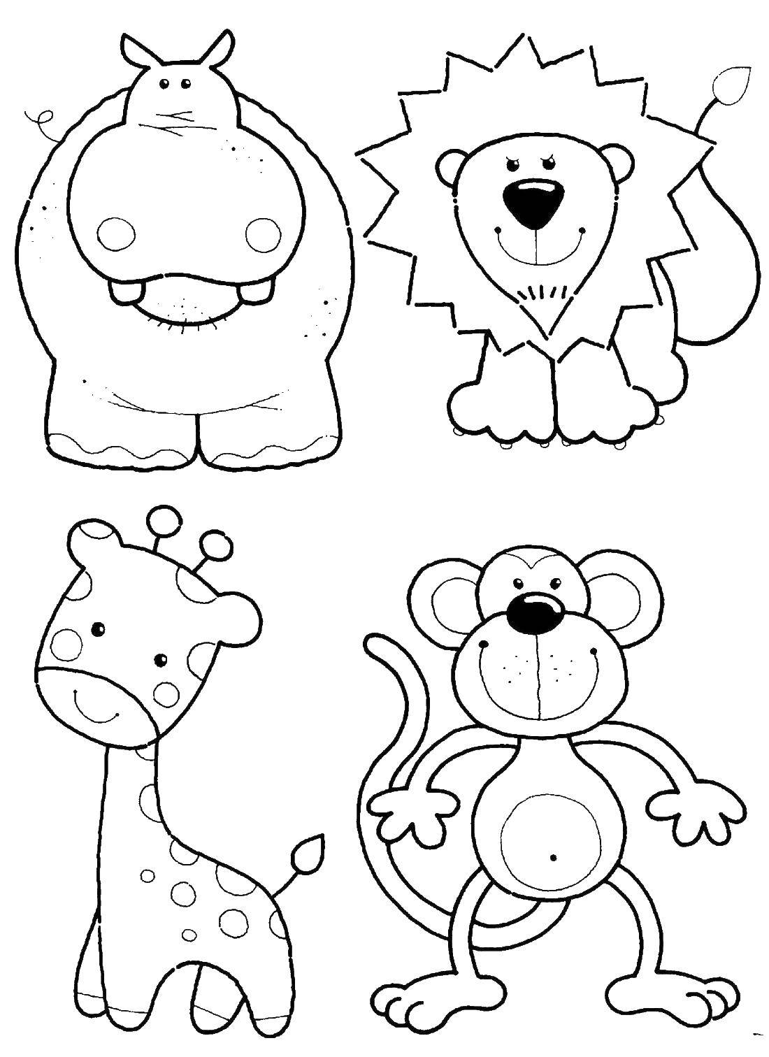 Coloring Animals: Hippo, lion, giraffe and monkey. Category Animals. Tags:  animals, nature, animals, Hippo, lion, giraffe, monkey.