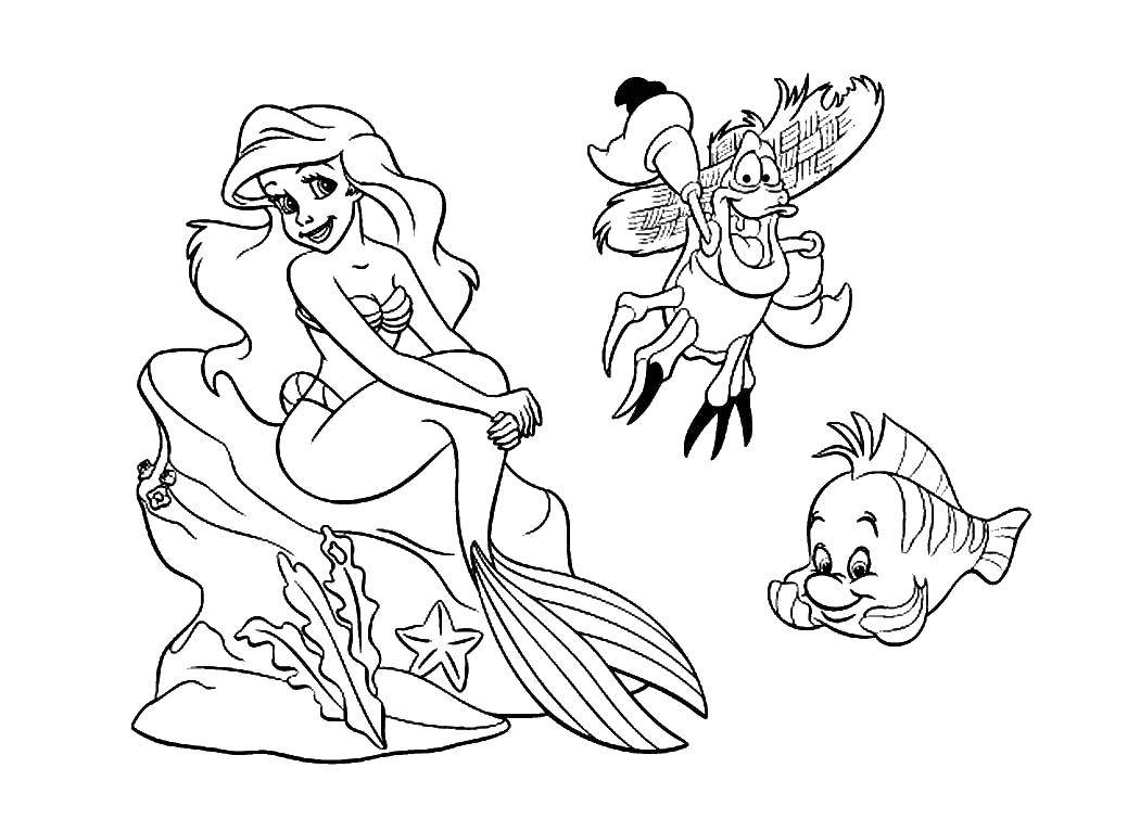 Название: Раскраска Ариэль, рыбка и краб. Категория: Русалочка. Теги: русалочки, Ариэль, рыбки.