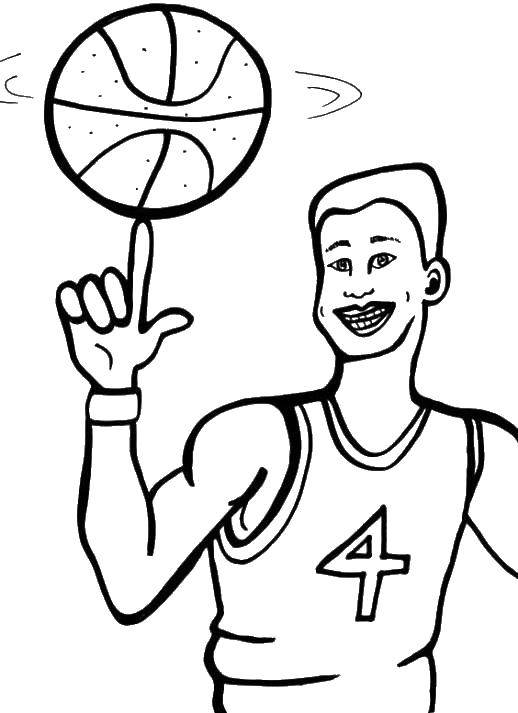 Название: Раскраска Баскетболист крутит мячик. Категория: баскетбол. Теги: Спорт, баскетбол, мяч, игра.