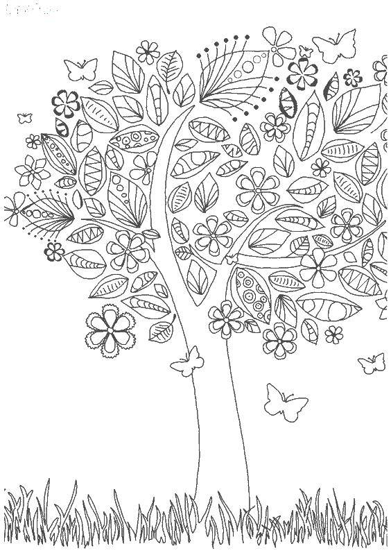 Название: Раскраска Дерево с цветами. Категория: дерево. Теги: дерево.