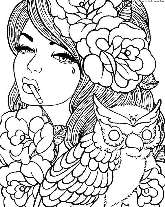 Название: Раскраска Девушка в розах и сова. Категория: девушка. Теги: девушка, сова, розы.