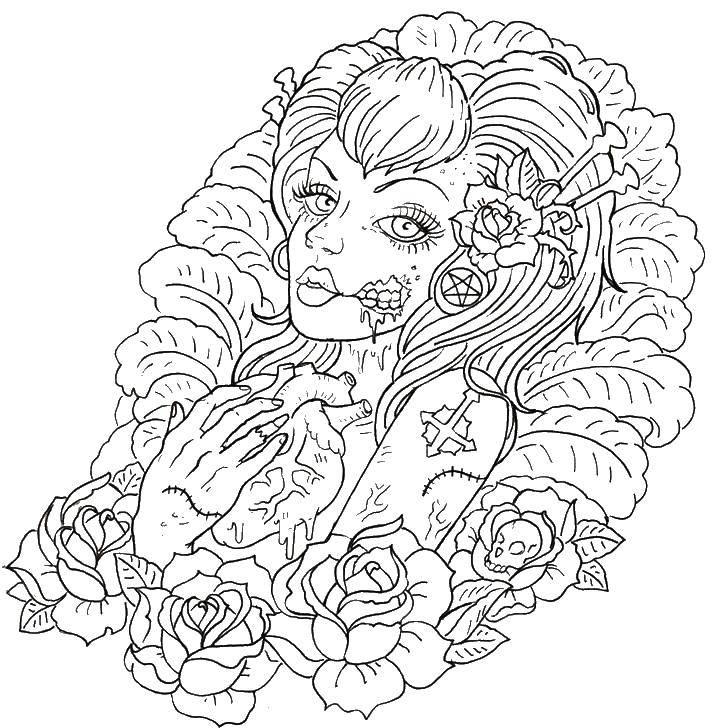 Coloring The girl in the tattoo and roses. Category girl. Tags:  girl, tattoo, roses, flowers.