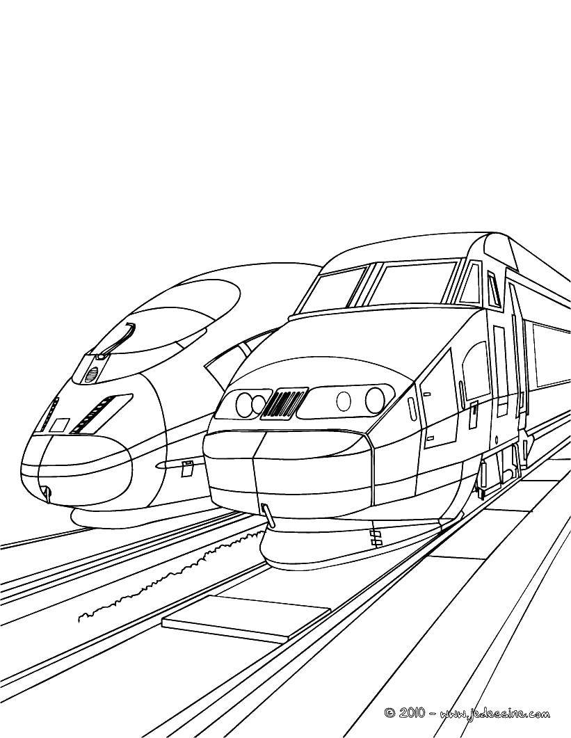 Название: Раскраска Два поезда. Категория: поезд. Теги: поезда, рельсы, транспорт.