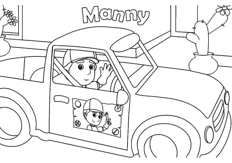 Название: Раскраска Мэнни на машине. Категория: раскраски. Теги: Персонаж из мультфильма.
