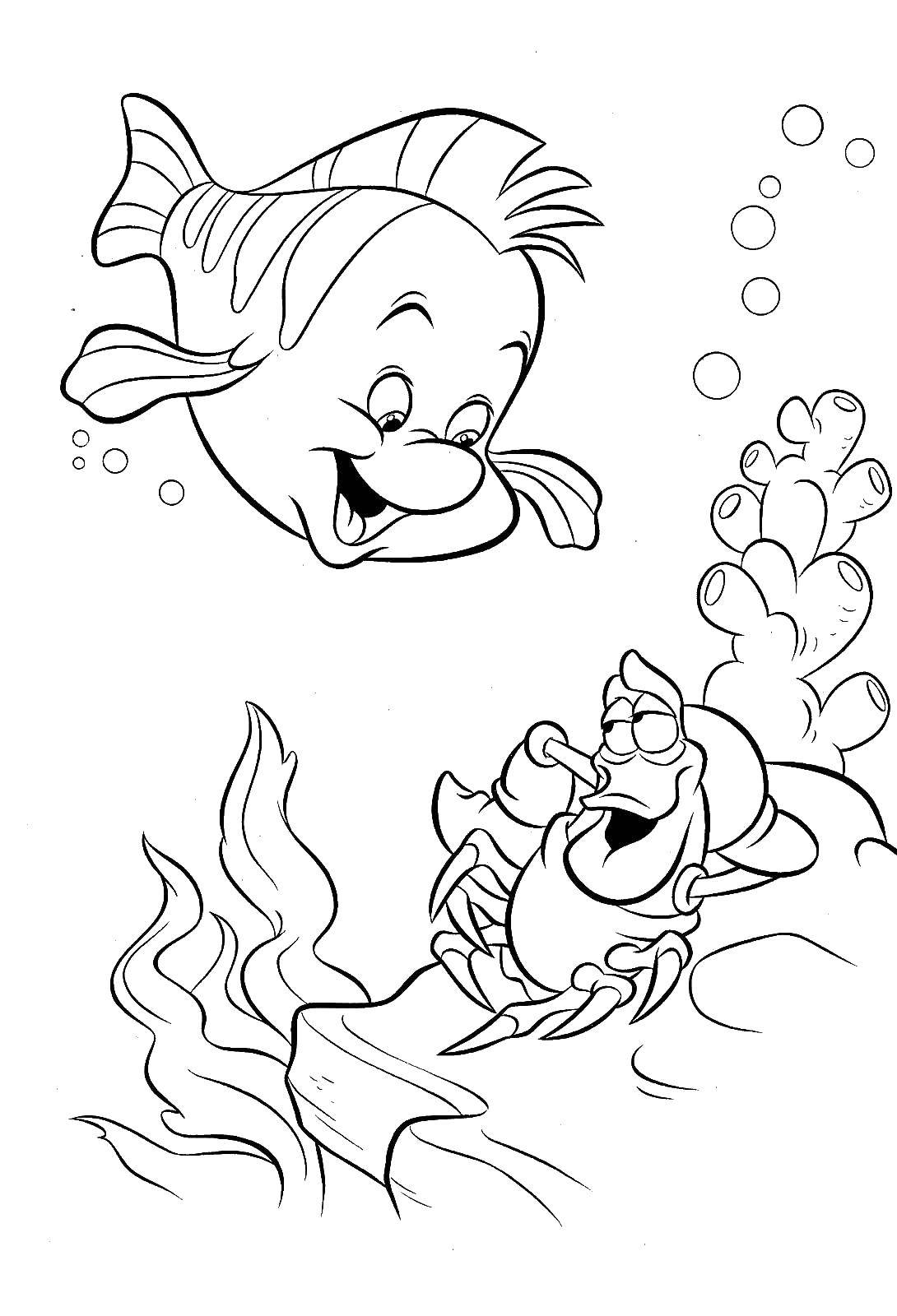 Название: Раскраска Рыбка и краб. Категория: Диснеевские мультфильмы. Теги: Диснеевские мультфильмы, рыбы, краб.