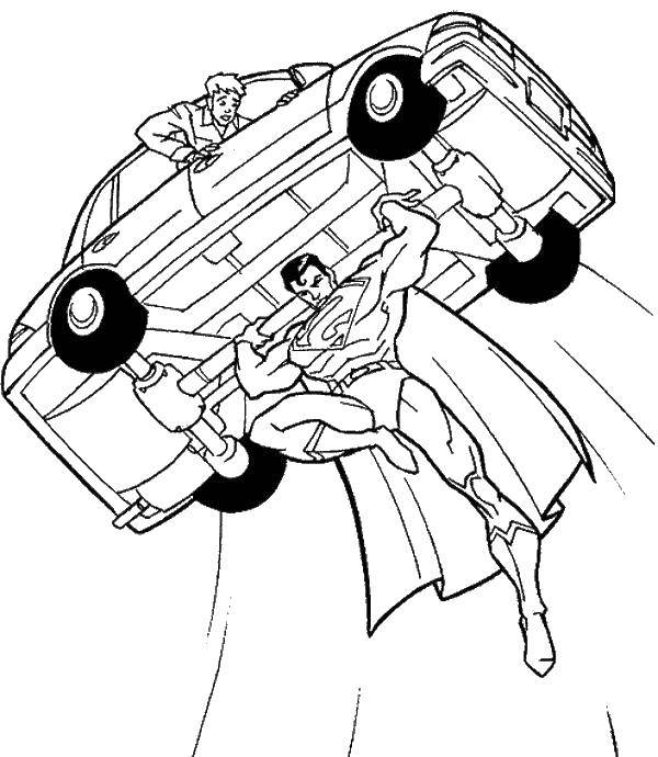 Название: Раскраска Супермен поднимает машину. Категория: супергерои. Теги: супергерои, супермен, мультфильмы.