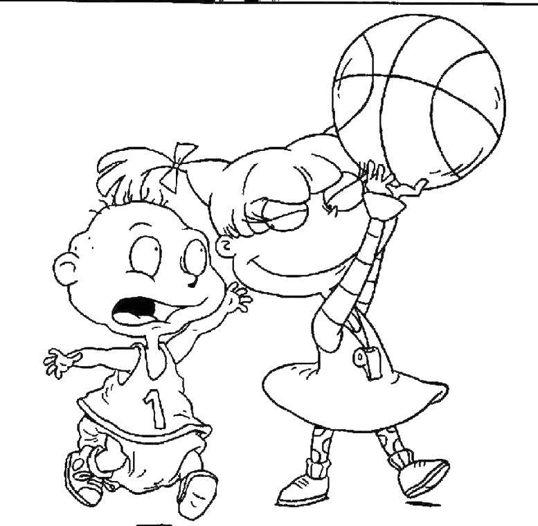 Название: Раскраска Томми и анджелика играют. Категория: баскетбол. Теги: Спорт, баскетбол, мяч, игра.