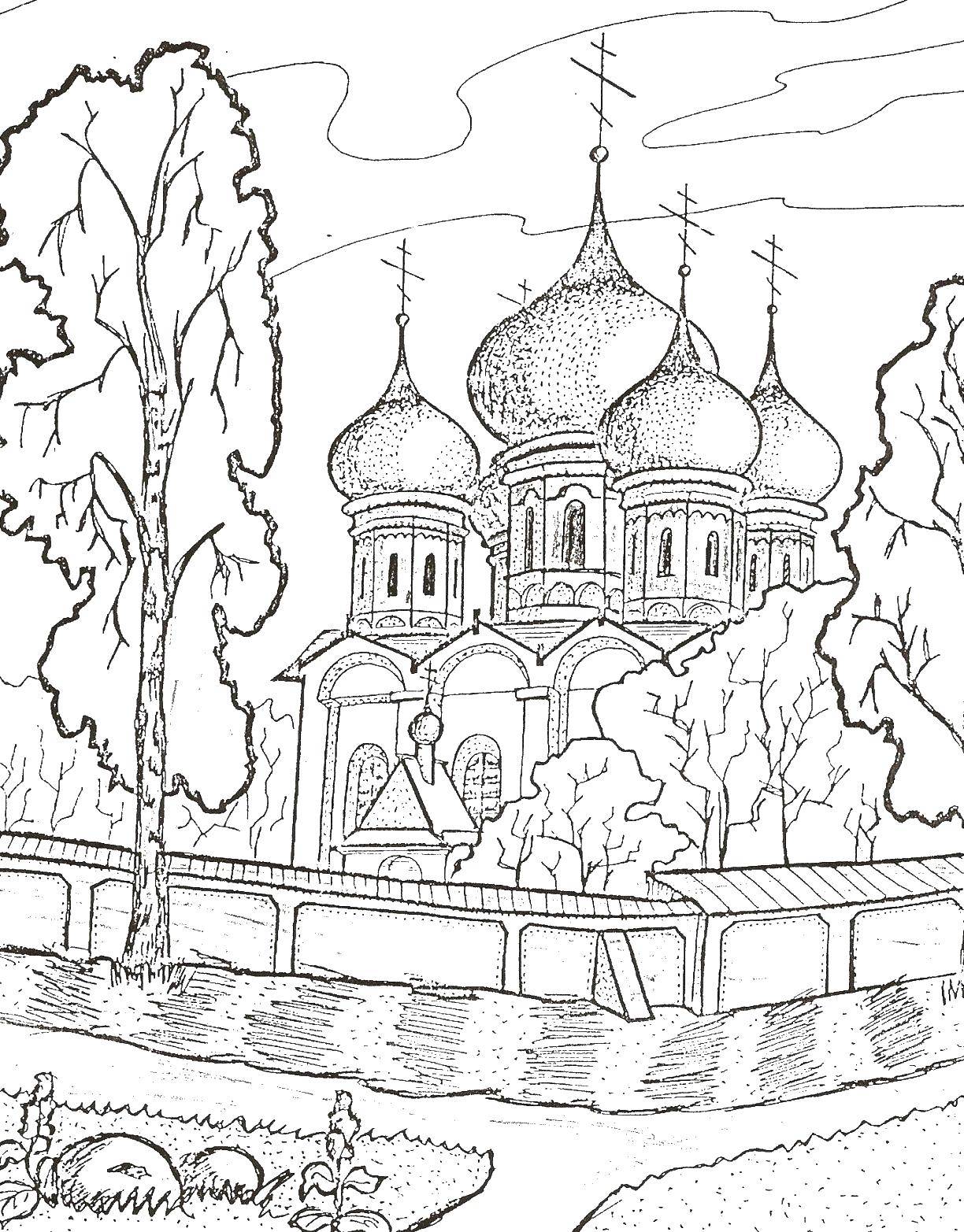 Coloring Church with trees. Category the Church. Tags:  Church, home.