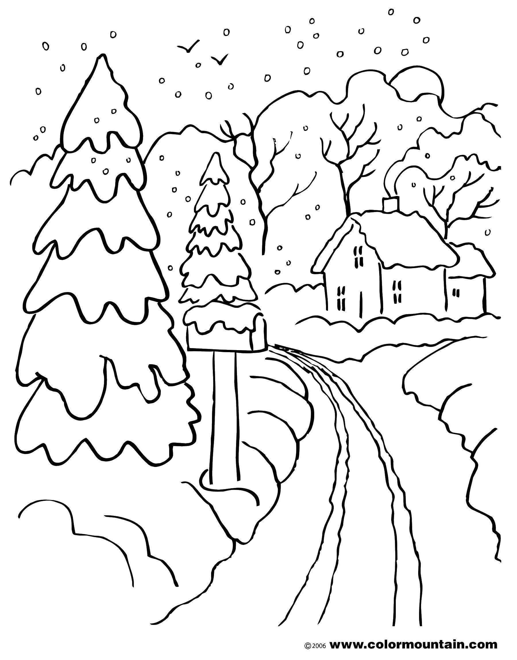 Розмальовки  Снігопад у містечку. Завантажити розмальовку снігопад, сгег, будиночки.  Роздрукувати ,розмальовки,