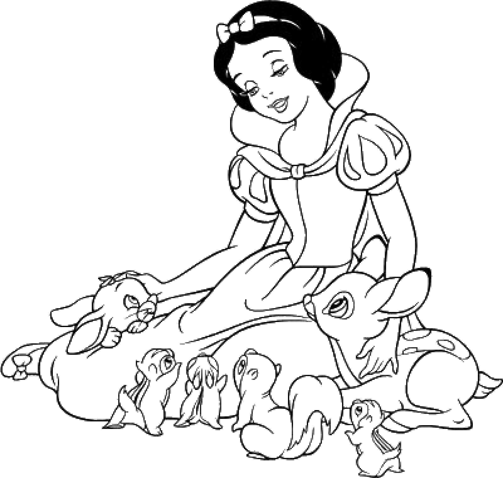 Coloring Snow white petting the animals. Category snow white. Tags:  princesses, cartoons, fairy tales, Snow white.