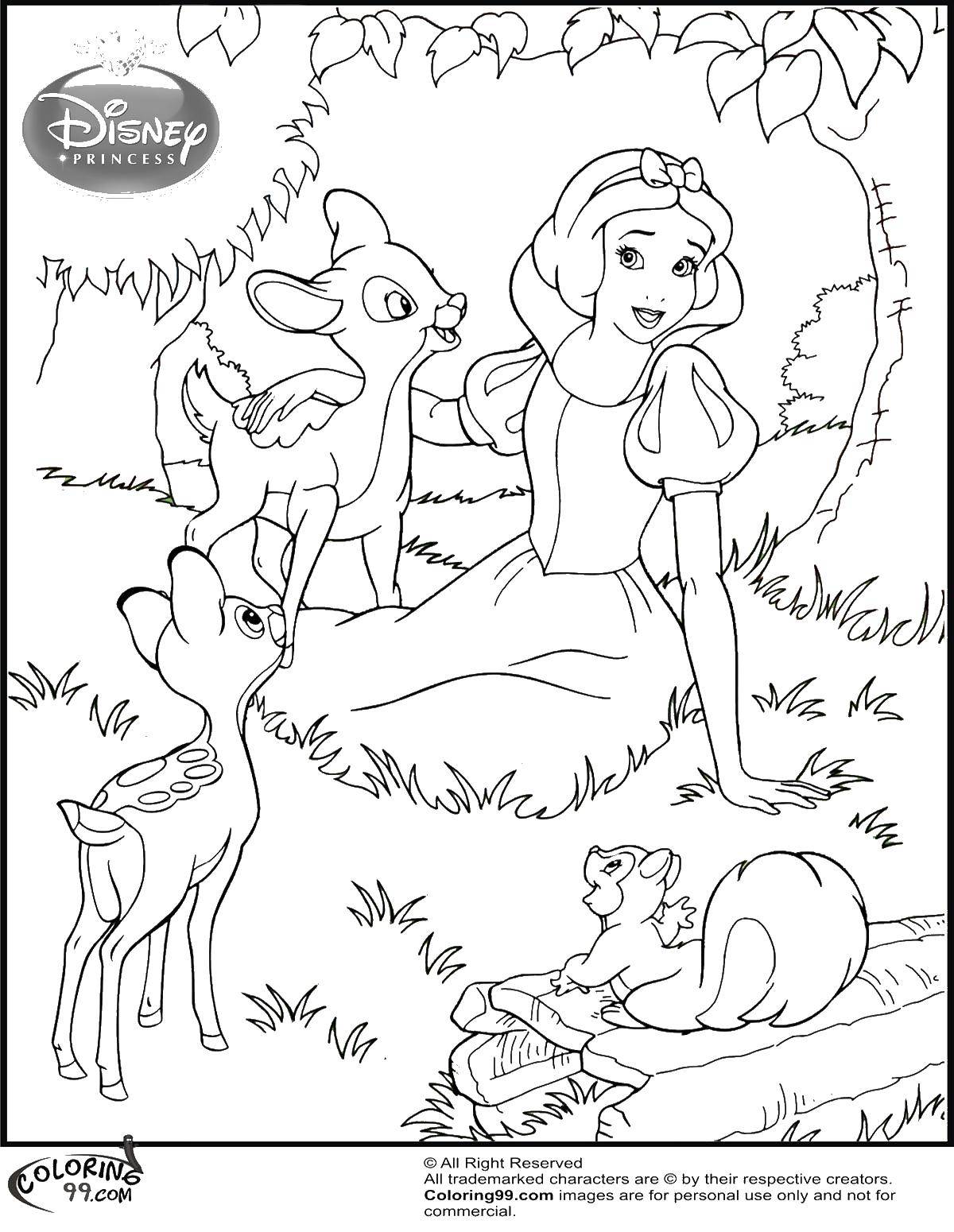 Название: Раскраска Белоснежка с оленятами. Категория: белоснежка. Теги: Белоснежка, принцессы, мультфильмы, сказки.
