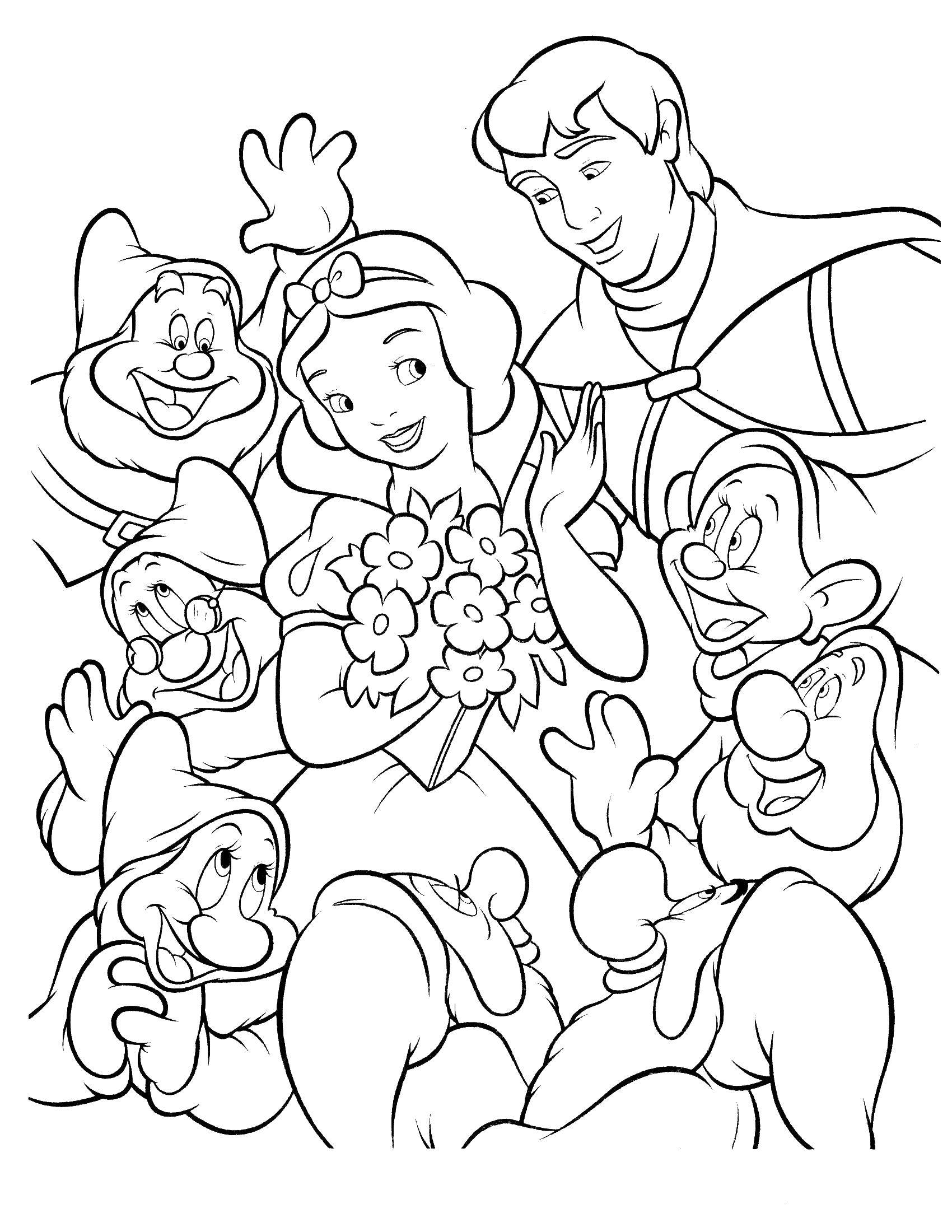 Coloring Snow white with Prince and dwarfs. Category snow white. Tags:  cartoons, fairy tales, Disney, Princess, snow white.