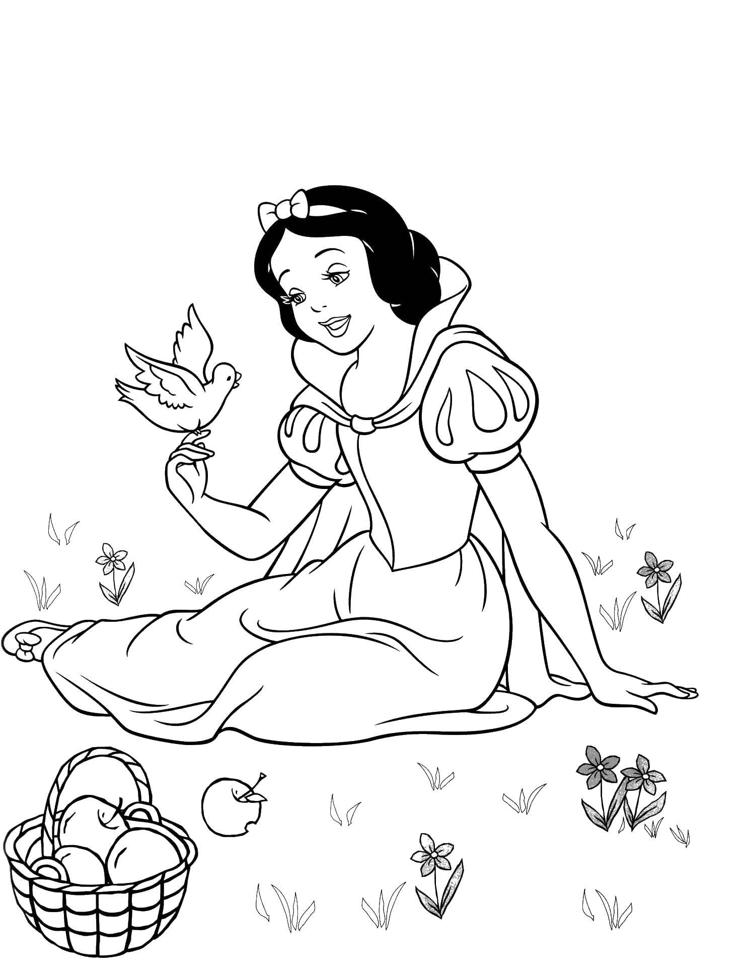 Coloring Snow white with bird. Category snow white. Tags:  princesses, cartoons, fairy tales, Snow white.