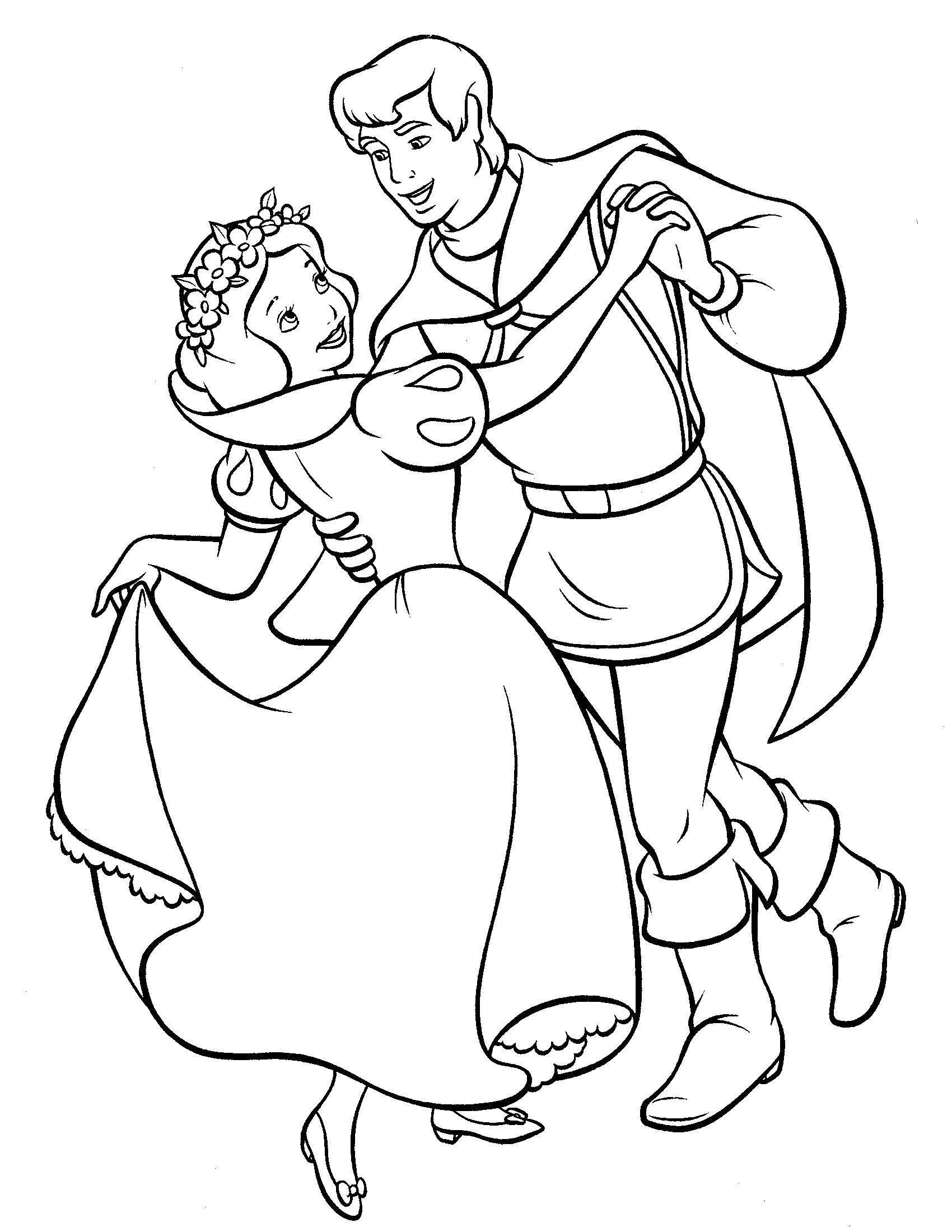 Coloring Snow white dancing with Prince. Category snow white. Tags:  Snow white, princesses, cartoons, fairy tales.