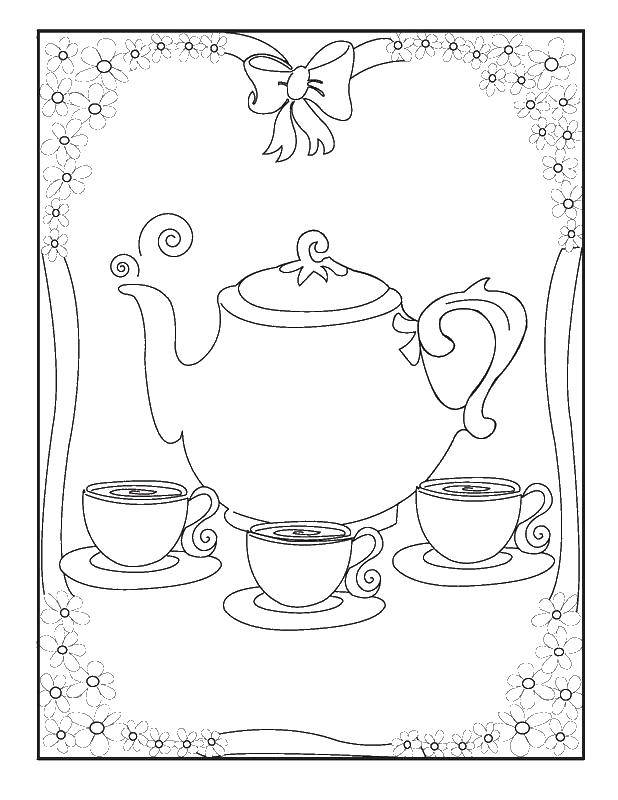 Coloring Teapot and mugs. Category dishes. Tags:  dishes, teapot, mugs.