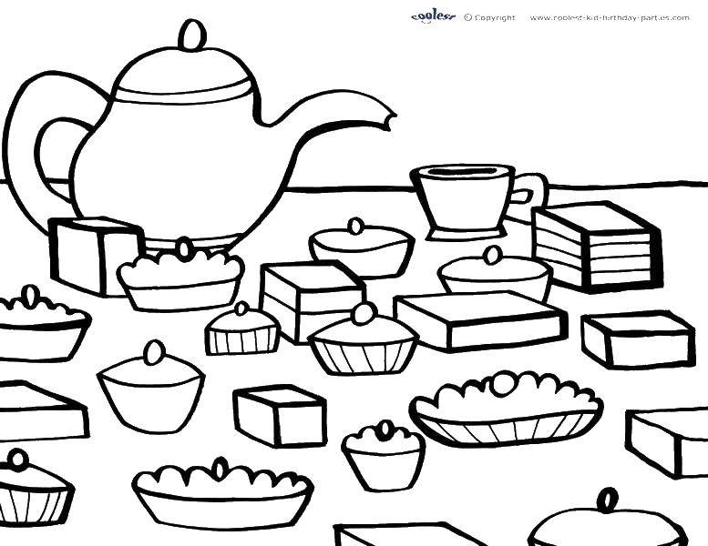 Coloring Teapot with muffins. Category kettle. Tags:  tea party, tea, muffins.