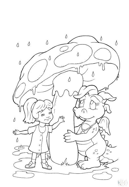 Coloring The girl and the dinosaur under the fungus. Category Rain. Tags:  rain, girl, dinosaur, mushroom.