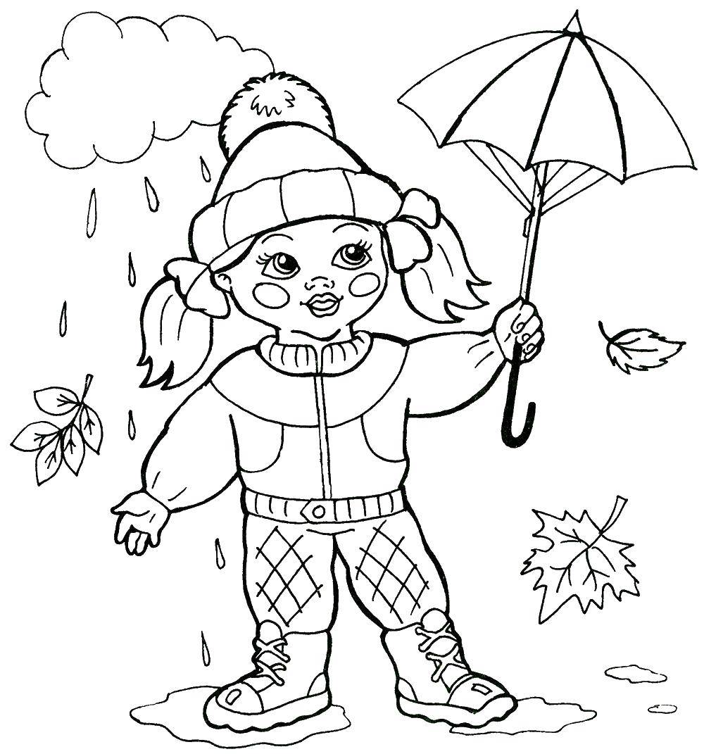 Название: Раскраска Девочка на осенней прогулке. Категория: дождь. Теги: дождь, девочка, осень.