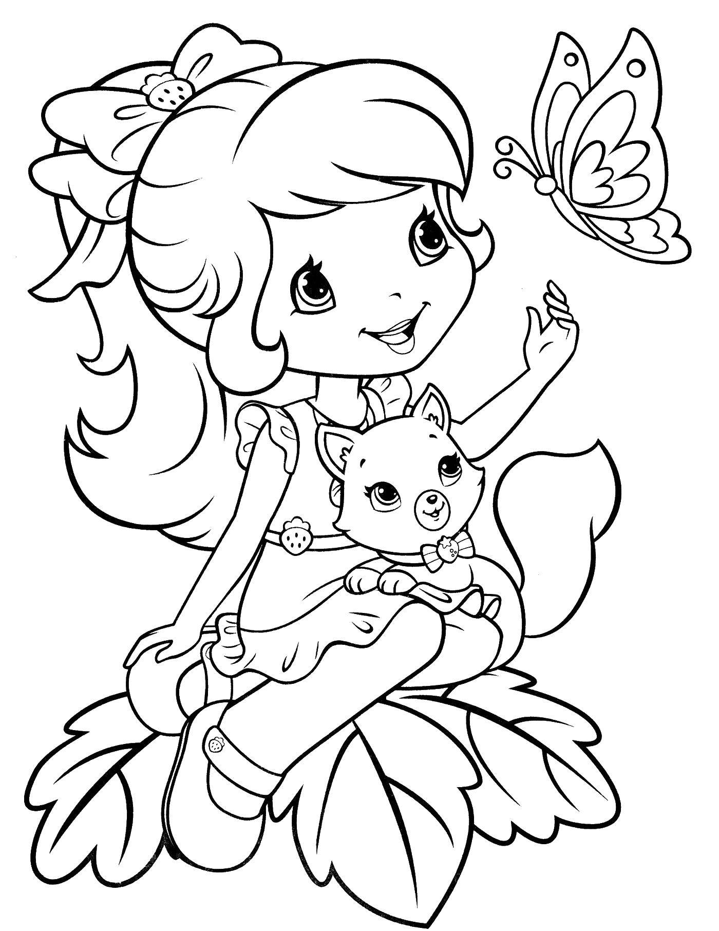 Coloring Girl with cat and butterfly. Category butterflies. Tags:  butterfly, girl.
