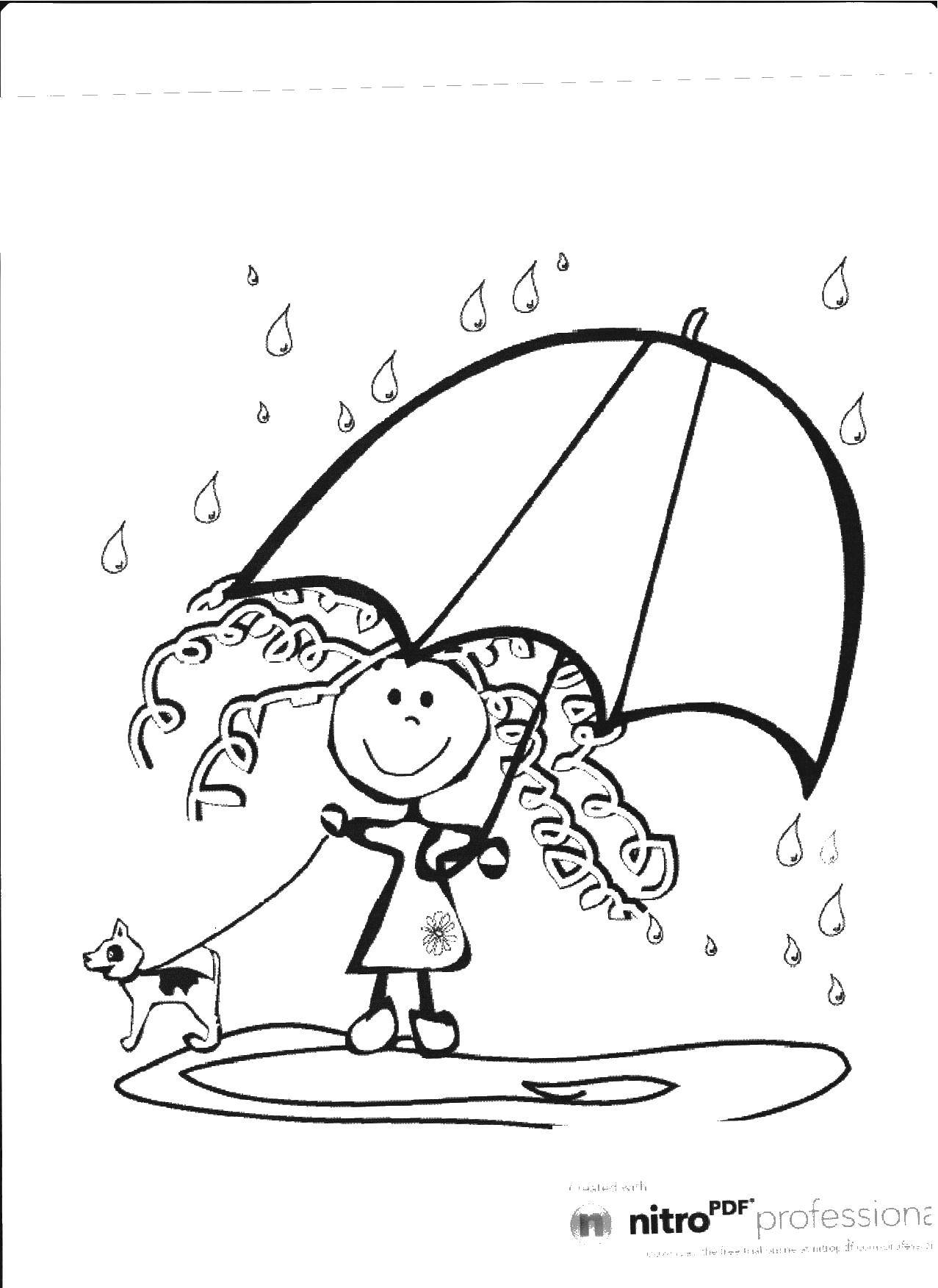 Название: Раскраска Девочка с собачкой под зонтиком. Категория: Дождь. Теги: дождь, зонтик, девочка.