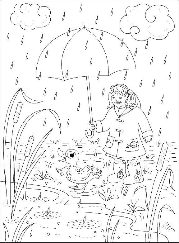 Coloring Girl with umbrella and duck. Category Rain. Tags:  rain, girl, umbrella, duck.