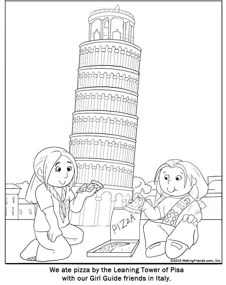 Название: Раскраска Девочки едят пиццу и пизаской башни. Категория: раскраски. Теги: достопримечательности, пизанская башня, пицца, Италия.
