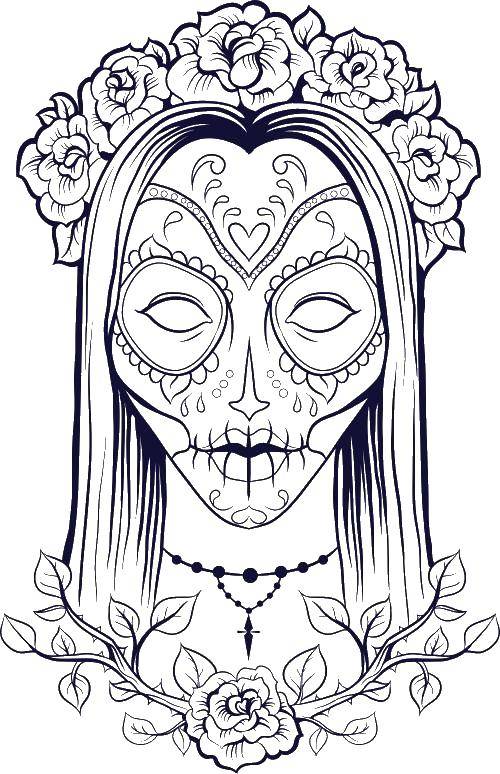 Название: Раскраска Девушка с лицом черепом. Категория: череп. Теги: черепа, узоры, цветы.