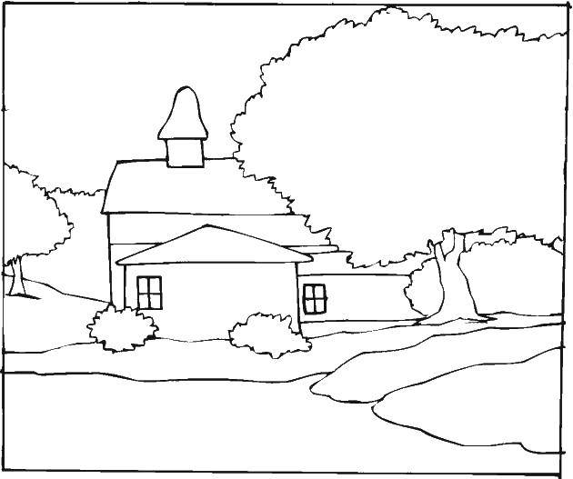 Название: Раскраска Дом и луг. Категория: Природа. Теги: природа, дом, луг, дерево.