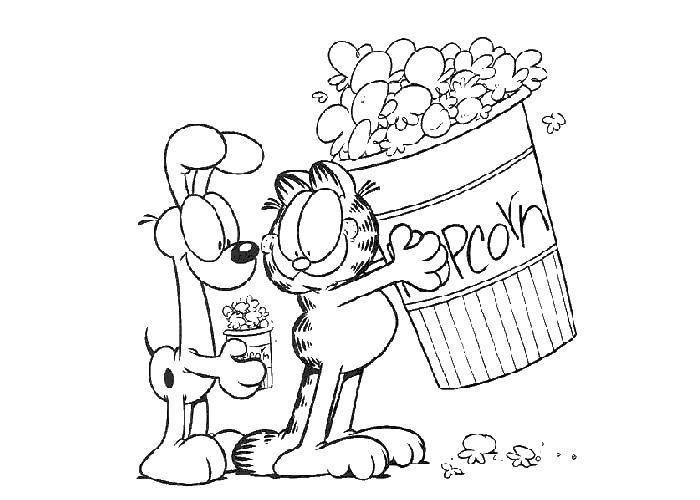Название: Раскраска Гарфильд с попкорном. Категория: мультфильмы. Теги: мультфильмы, гарфильд, попкорн.