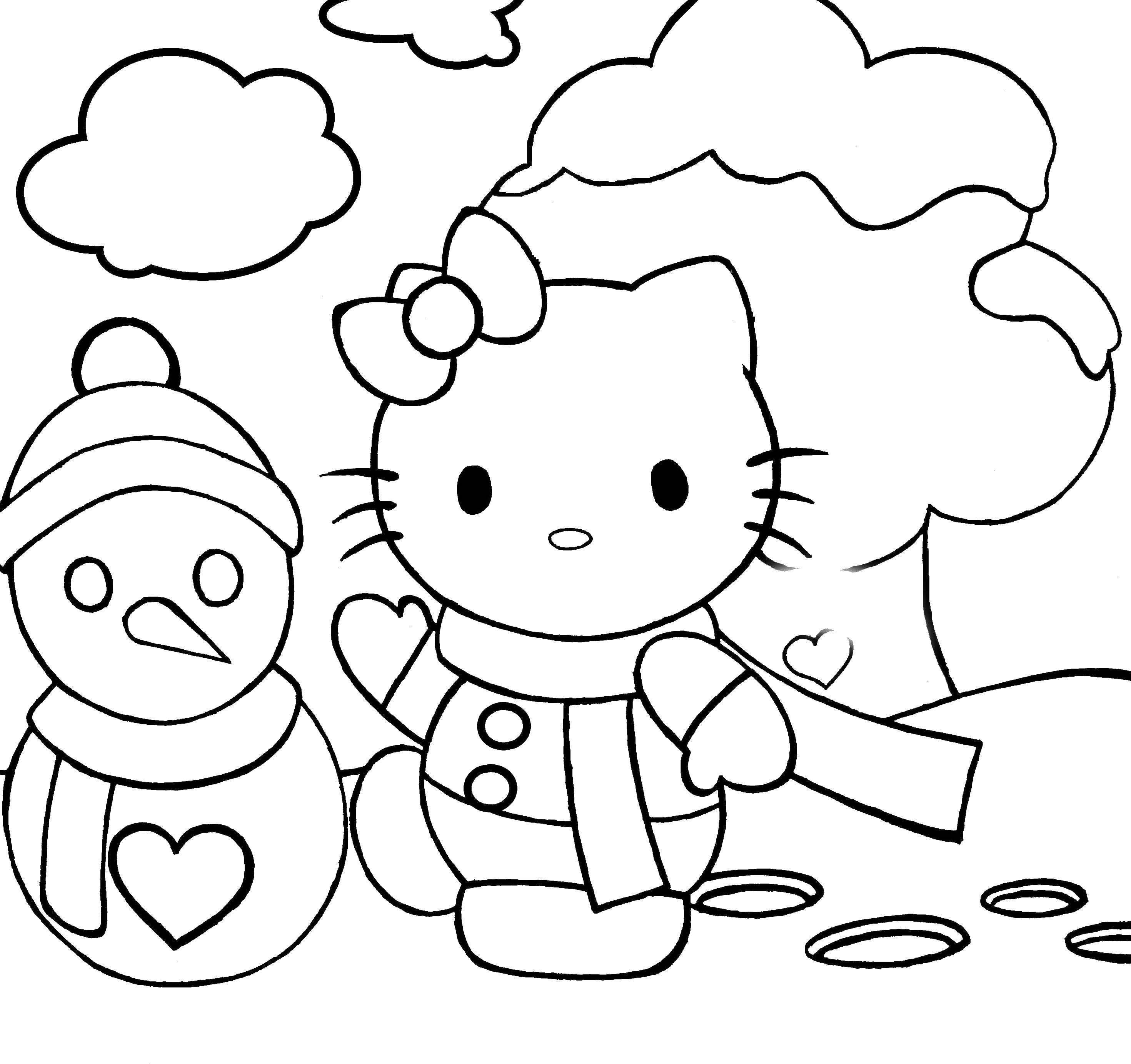 Coloring Hello kitty and snowman. Category Hello Kitty. Tags:  Hello kitty, snowman, cartoon.