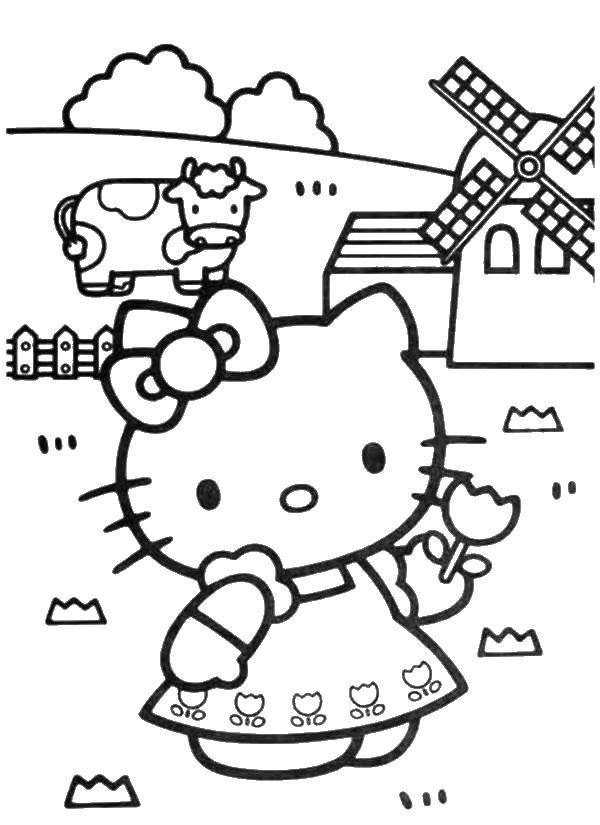 Coloring Hello kitty on the farm. Category Hello Kitty. Tags:  Hello kitty, farm, cow.