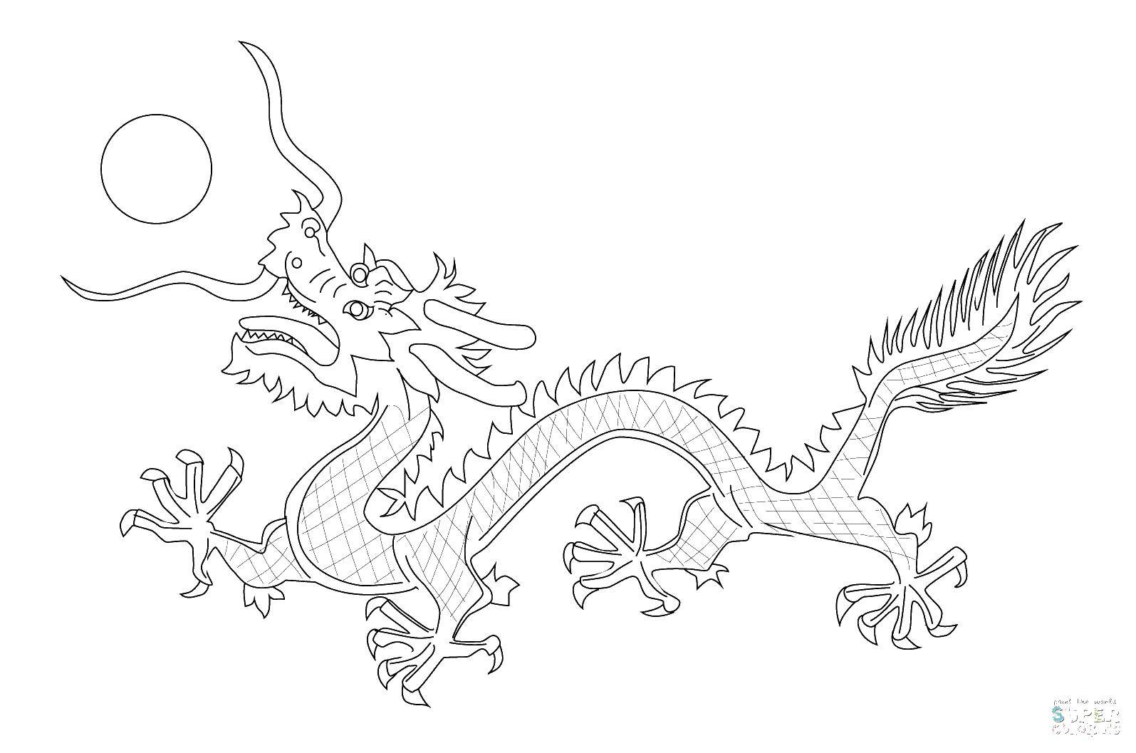 Coloring Chinese dragon.. Category China. Tags:  China, dragons, sun.