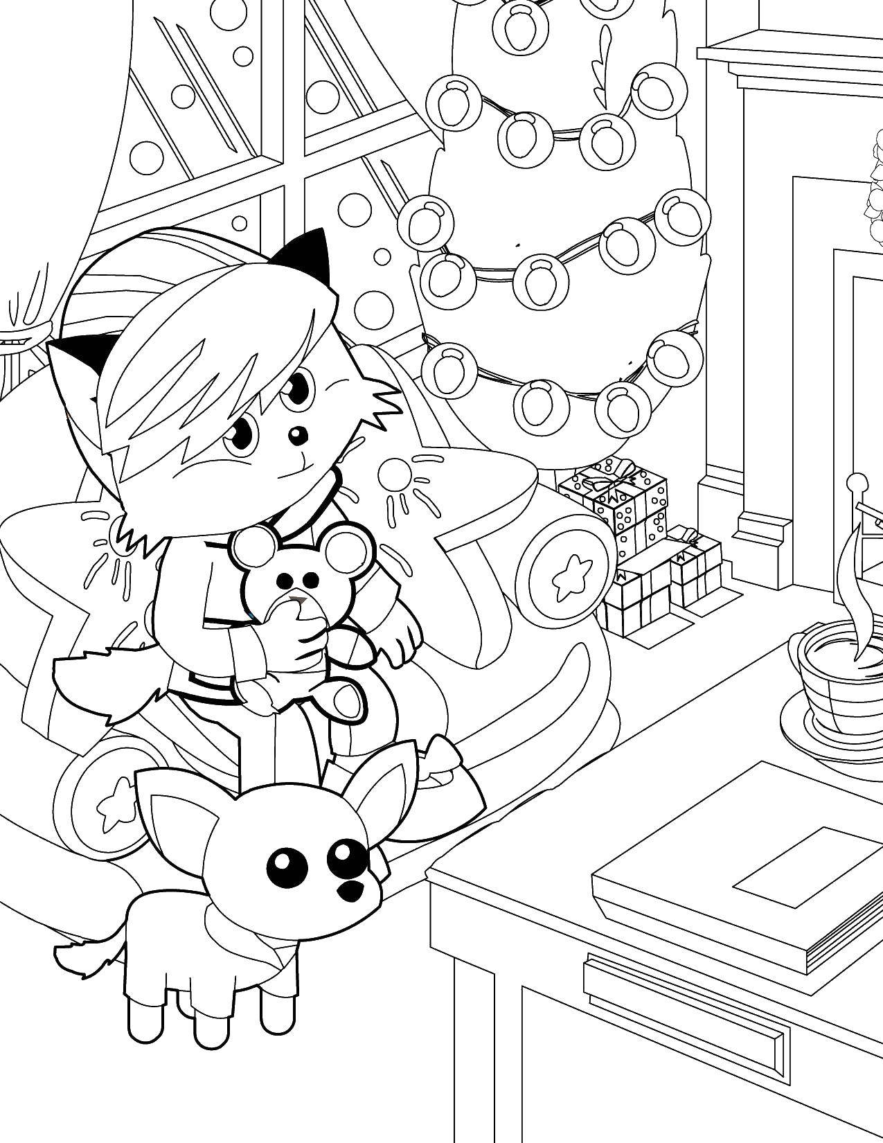 Название: Раскраска Кошечка у елки. Категория: Рождество. Теги: Рождество, елка, Новый год, кошка.