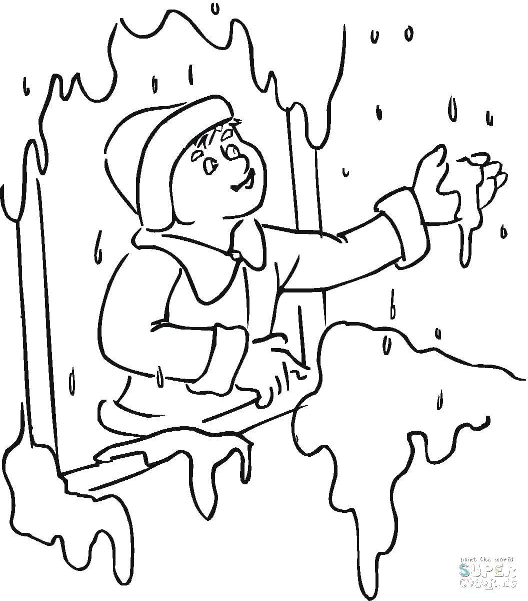 Название: Раскраска Мальчик держит снег. Категория: раскраски. Теги: снегопад, снег, мальчик.