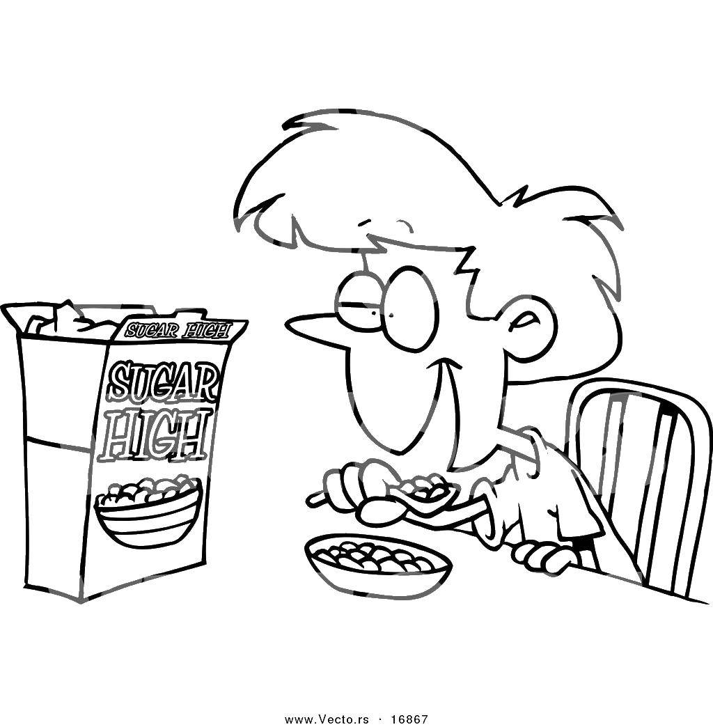 Coloring Boy eating cereal. Category The food. Tags:  food, boy, cereal.
