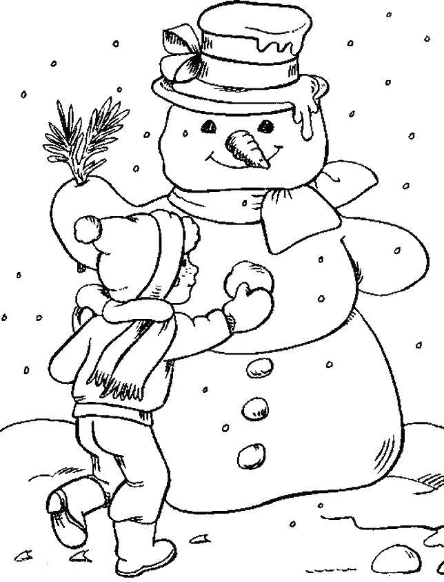 Coloring Boy sculpts a snowman.. Category winter. Tags:  winter, snowman, boy, snow.