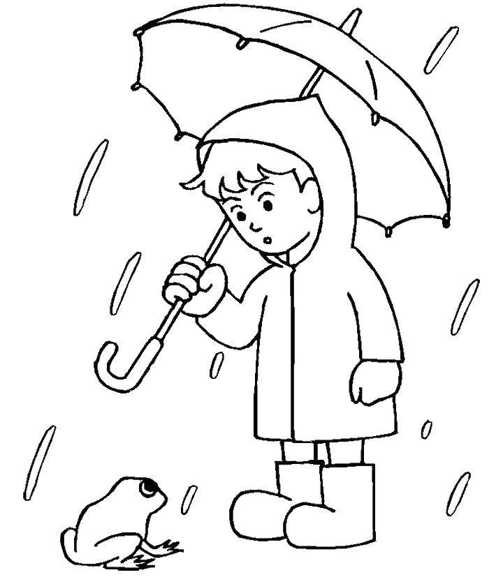 Coloring Boy with umbrella and frog. Category Rain. Tags:  rain, umbrella, frog.
