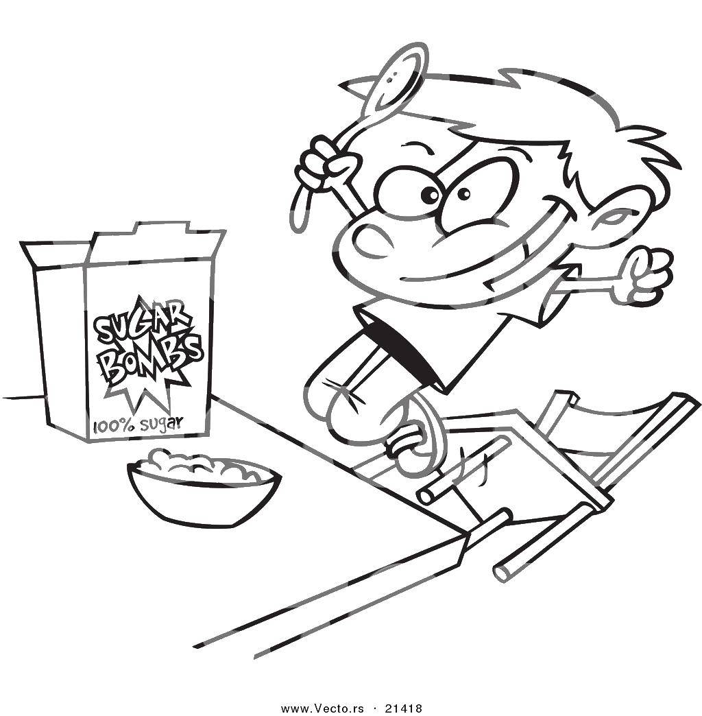 Coloring The boy eats Breakfast cereal. Category The food. Tags:  food, cereal, Breakfast.