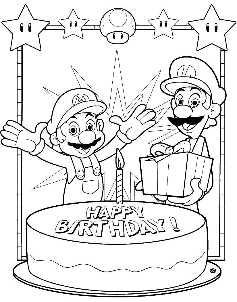Название: Раскраска Марио поздравляет с днем рождения. Категория: день рождения. Теги: день рождения, торт, марио.