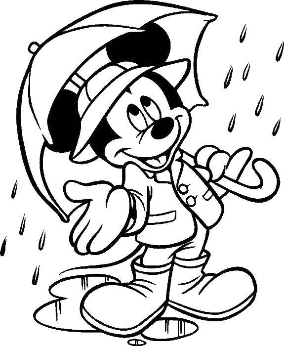 Название: Раскраска Микки маус под дождем. Категория: Дождь. Теги: дождь, микки маус, зонтик.
